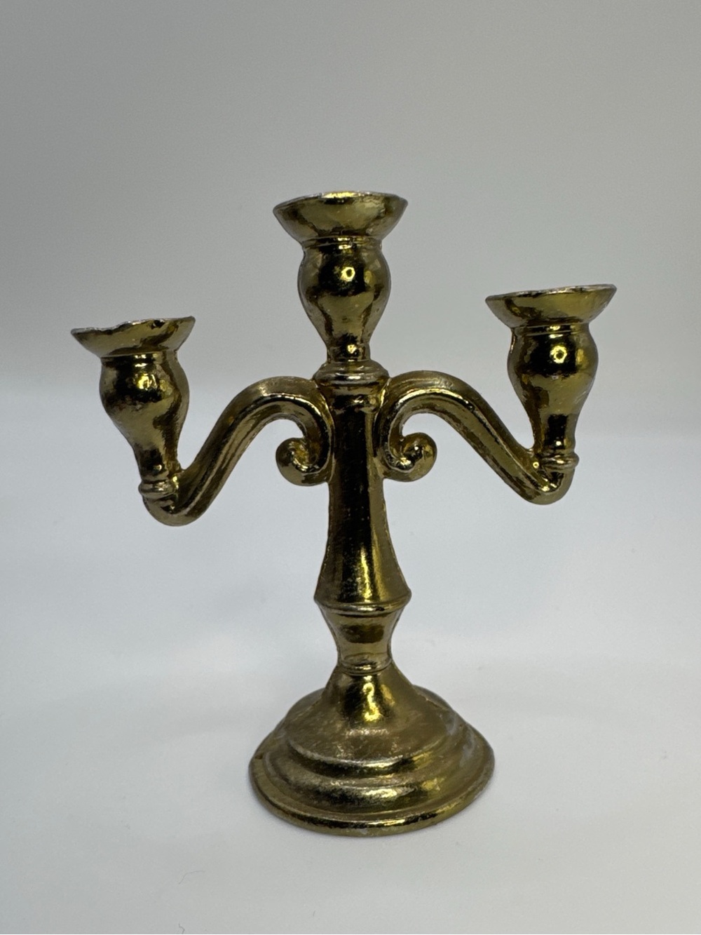Vintage Miniature Brass Tone 3-Arm Candelabra Candle Holder Dollhouse Decor 2.5"